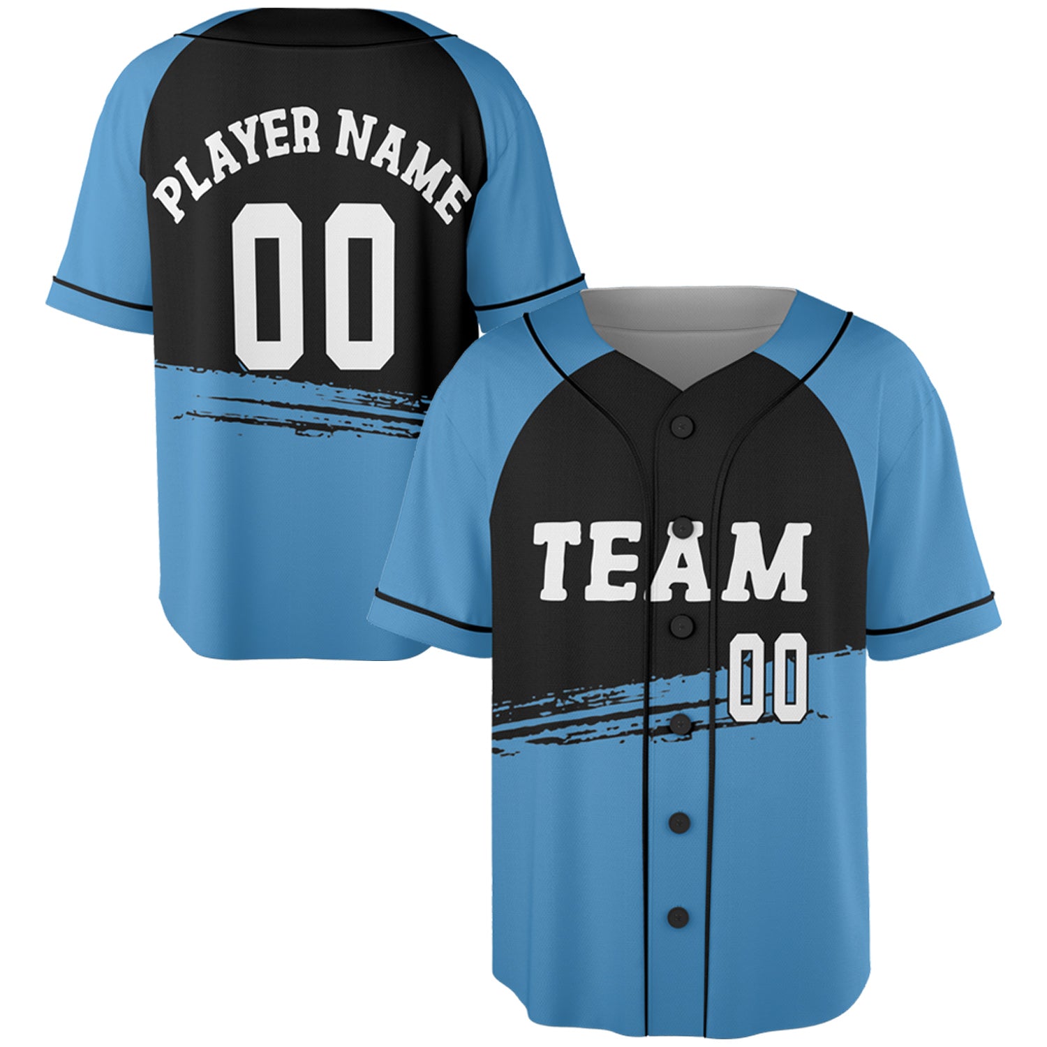 Custom Sky Blue and Black Brushstroke Baseball Jersey