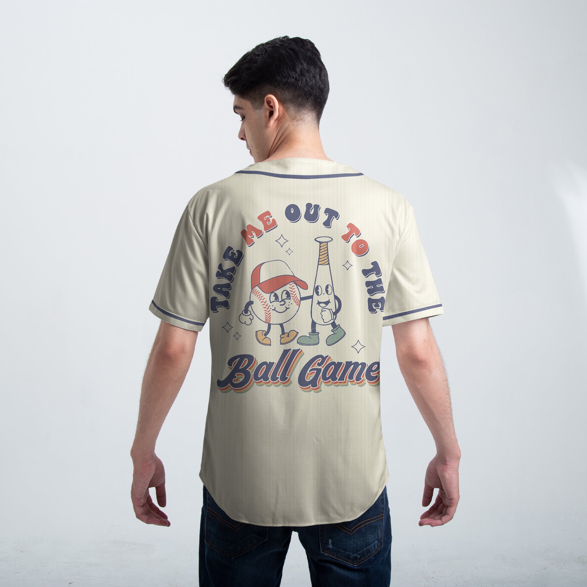 Take Me Out To The Ball Game - Custom Cream Navy Retro Baseball Jersey