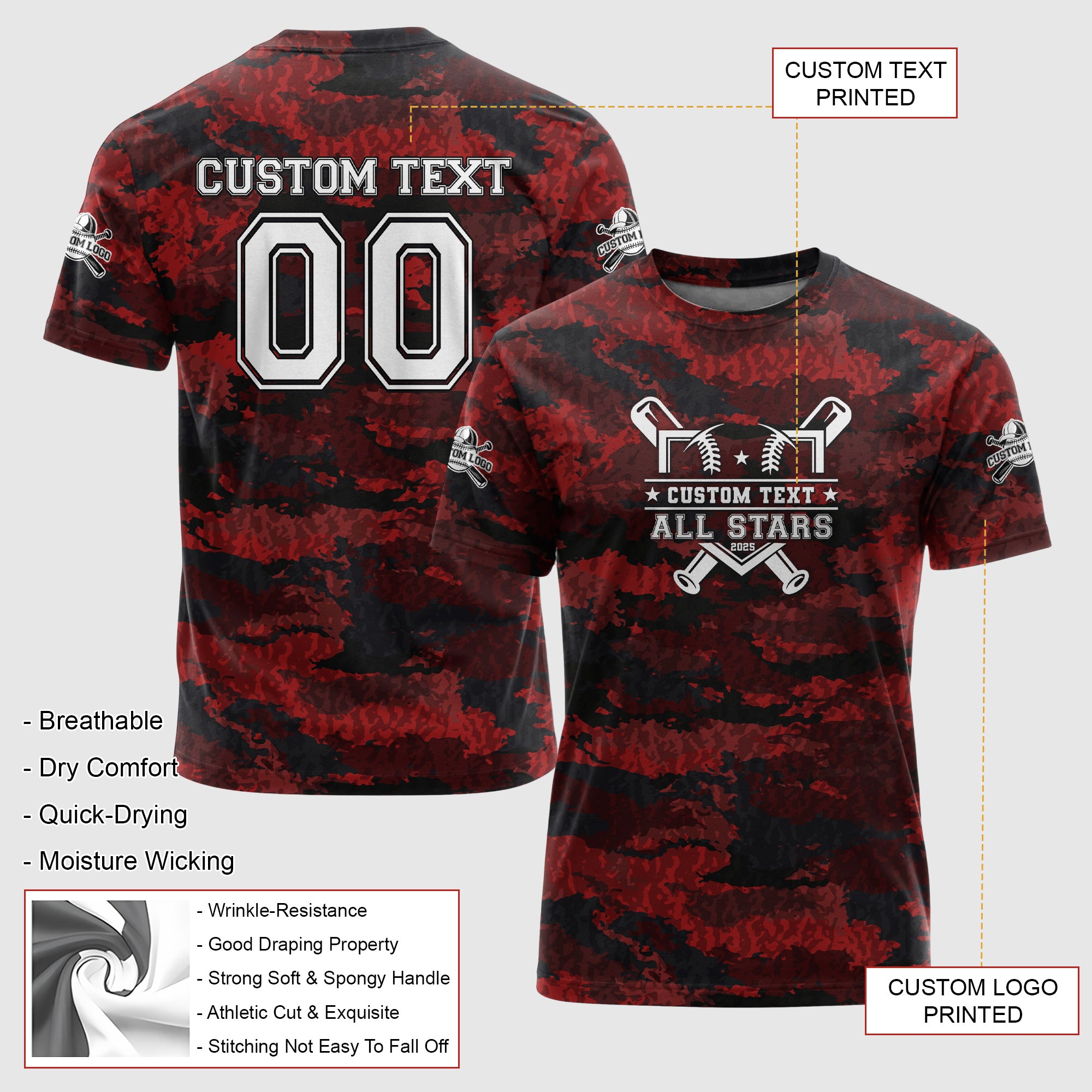 Custom All Over Print Red Camouflage Baseball T-Shirt - Baseball All-Star Game 2025