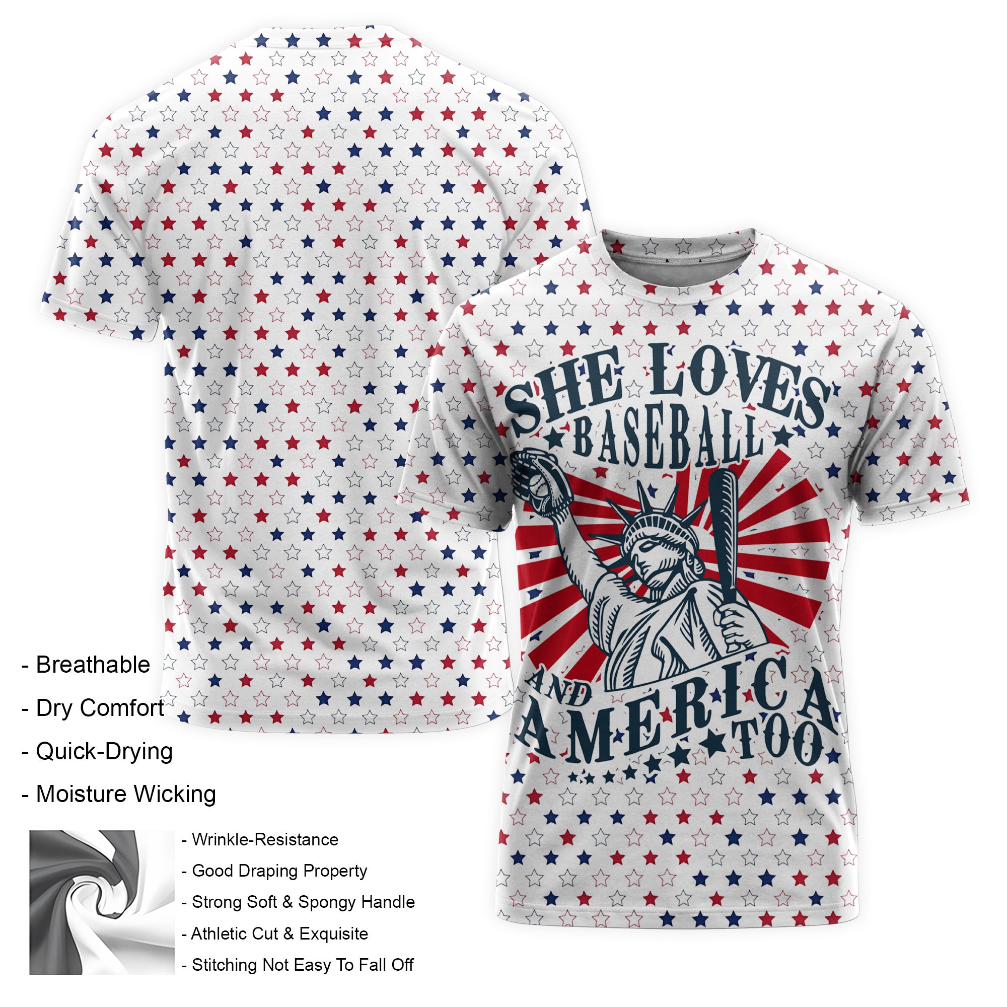 She Loves Baseball And America Too All Over Print Baseball T-Shirt