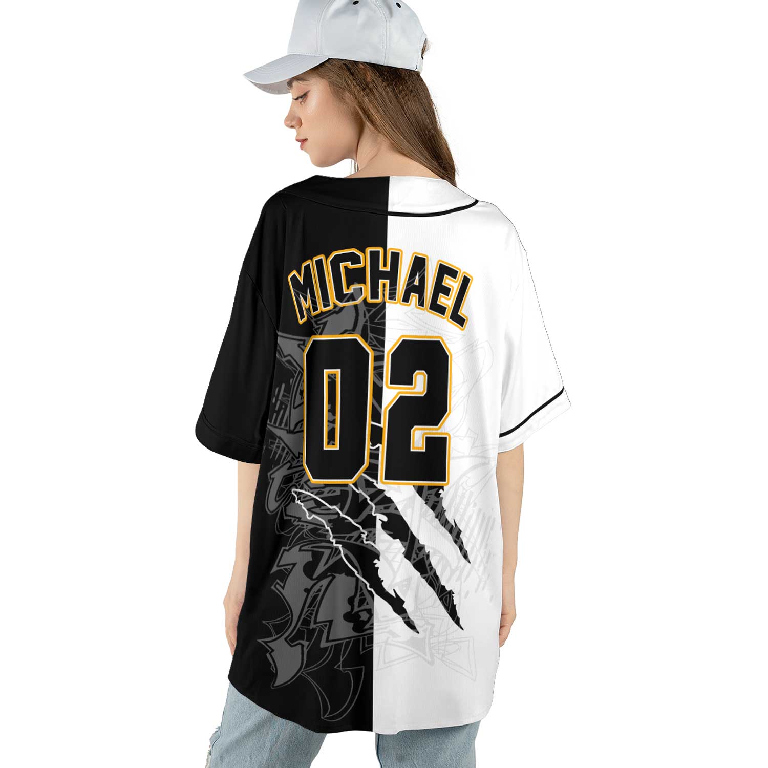 Custom Half-Black Half-White Graffiti Baseball Jersey – Streetwear Vibes with Old Gold Trim