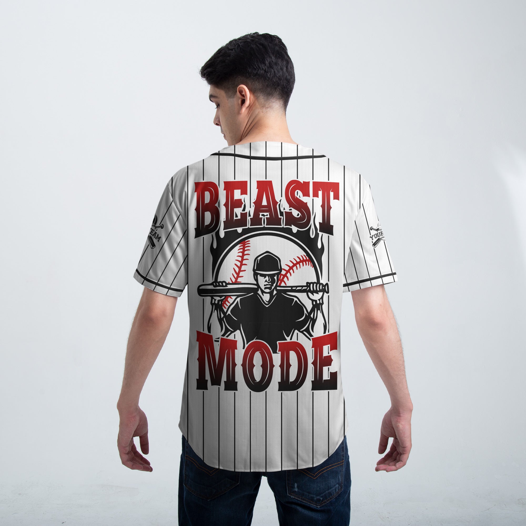 BEAST MODE - Custom White with Black Stripes Baseball Jersey