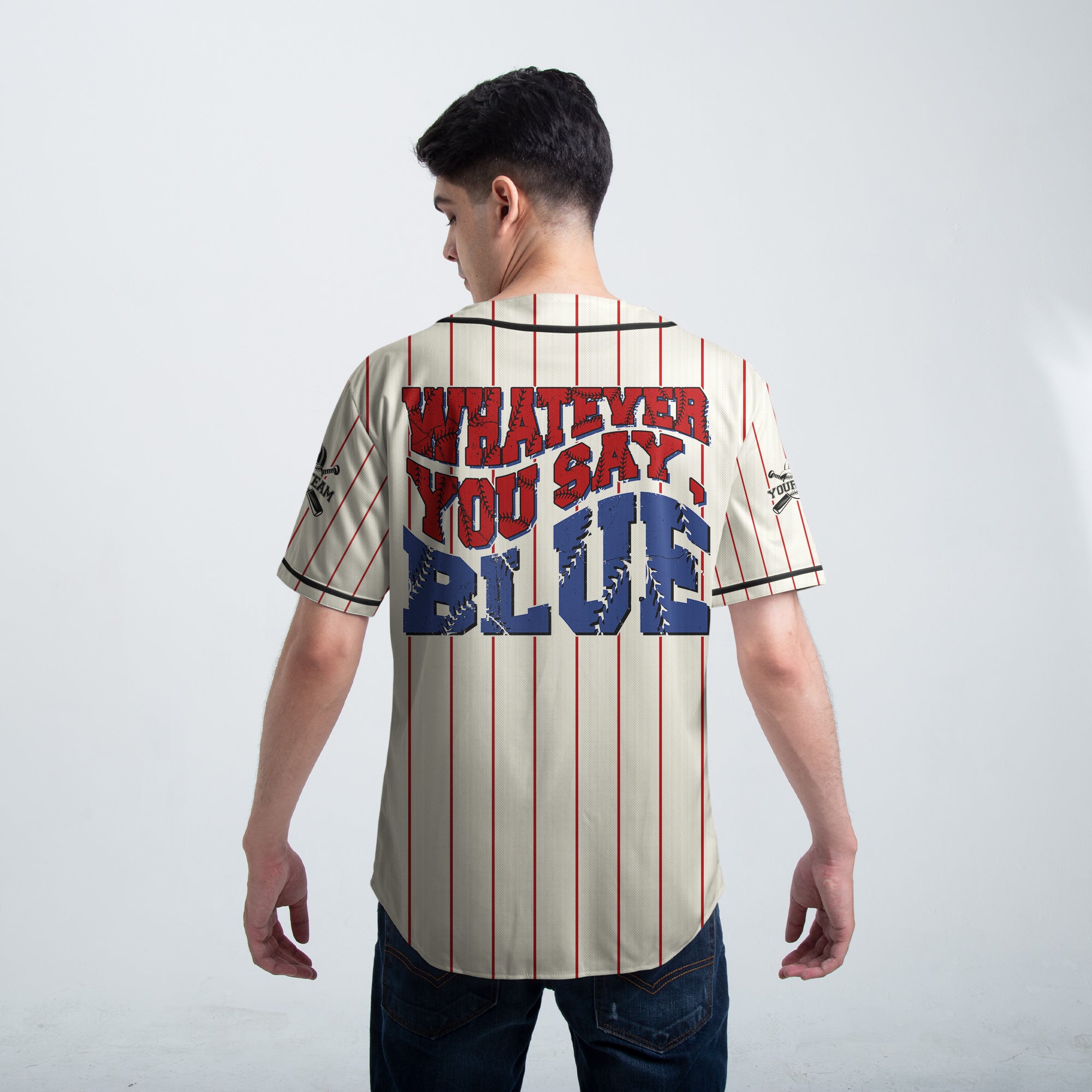 Whatever You Say Blue - Custom Cream with Red Stripes Baseball Jersey