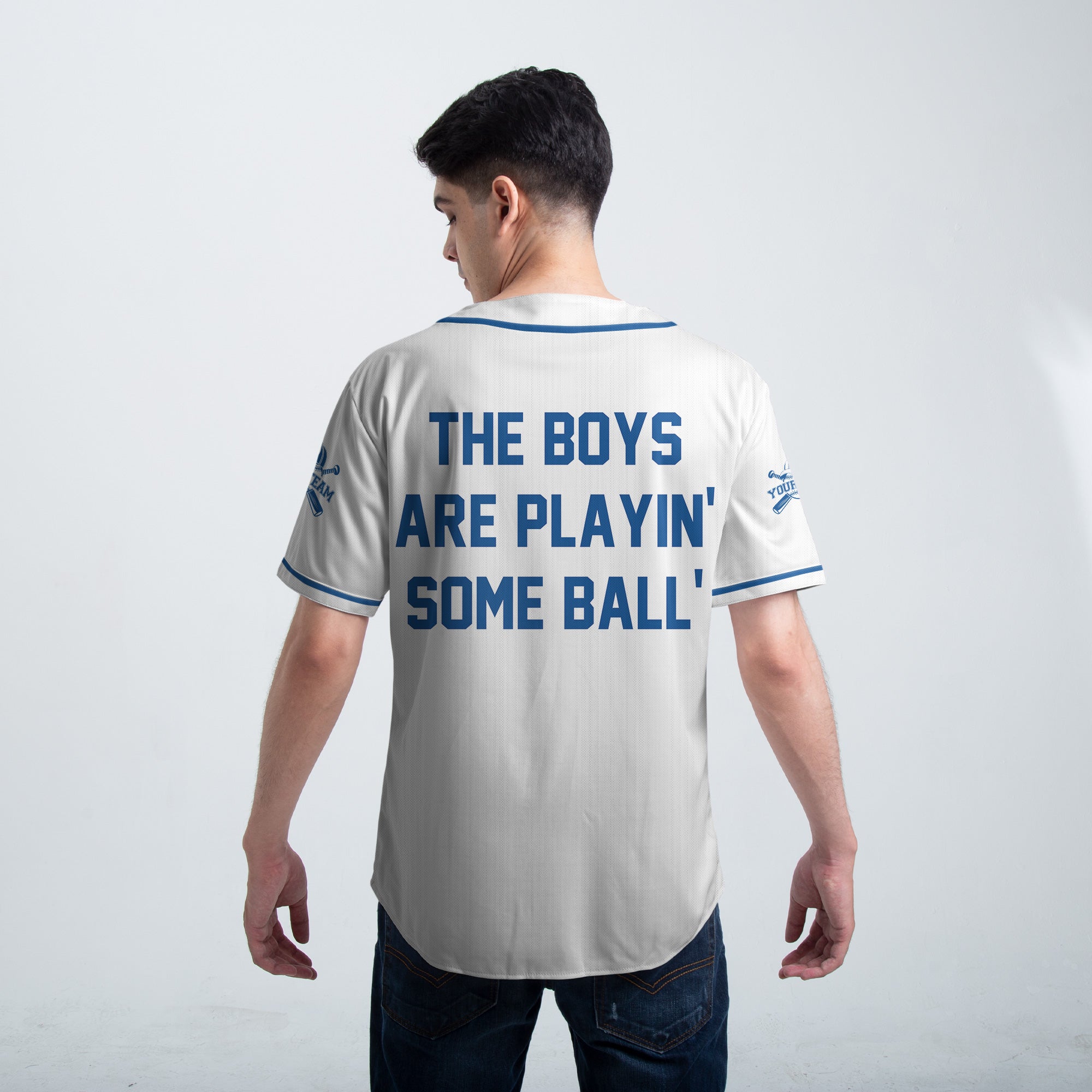 The Boys Are Playing - Custom White and Blue Baseball Jersey