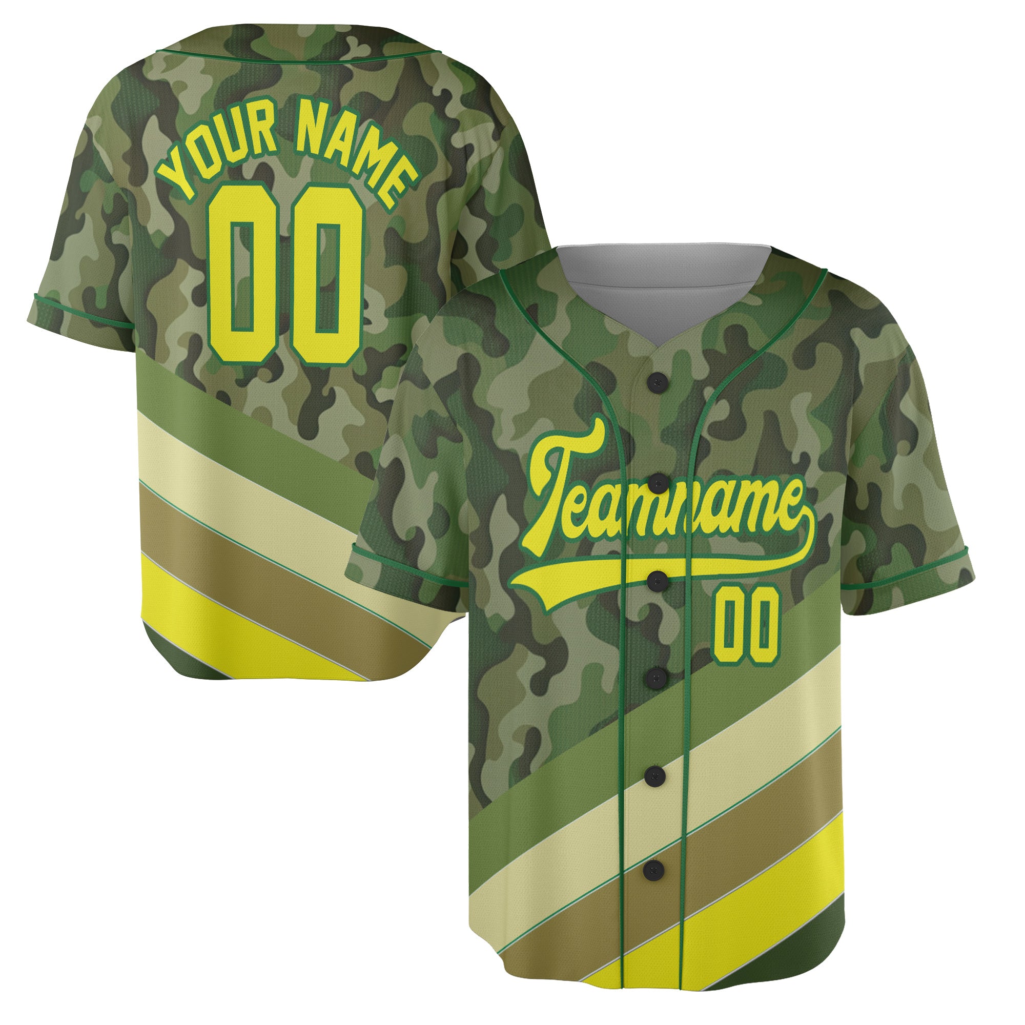 Custom Camo Baseball Jersey with Green-Yellow Stripe Accents