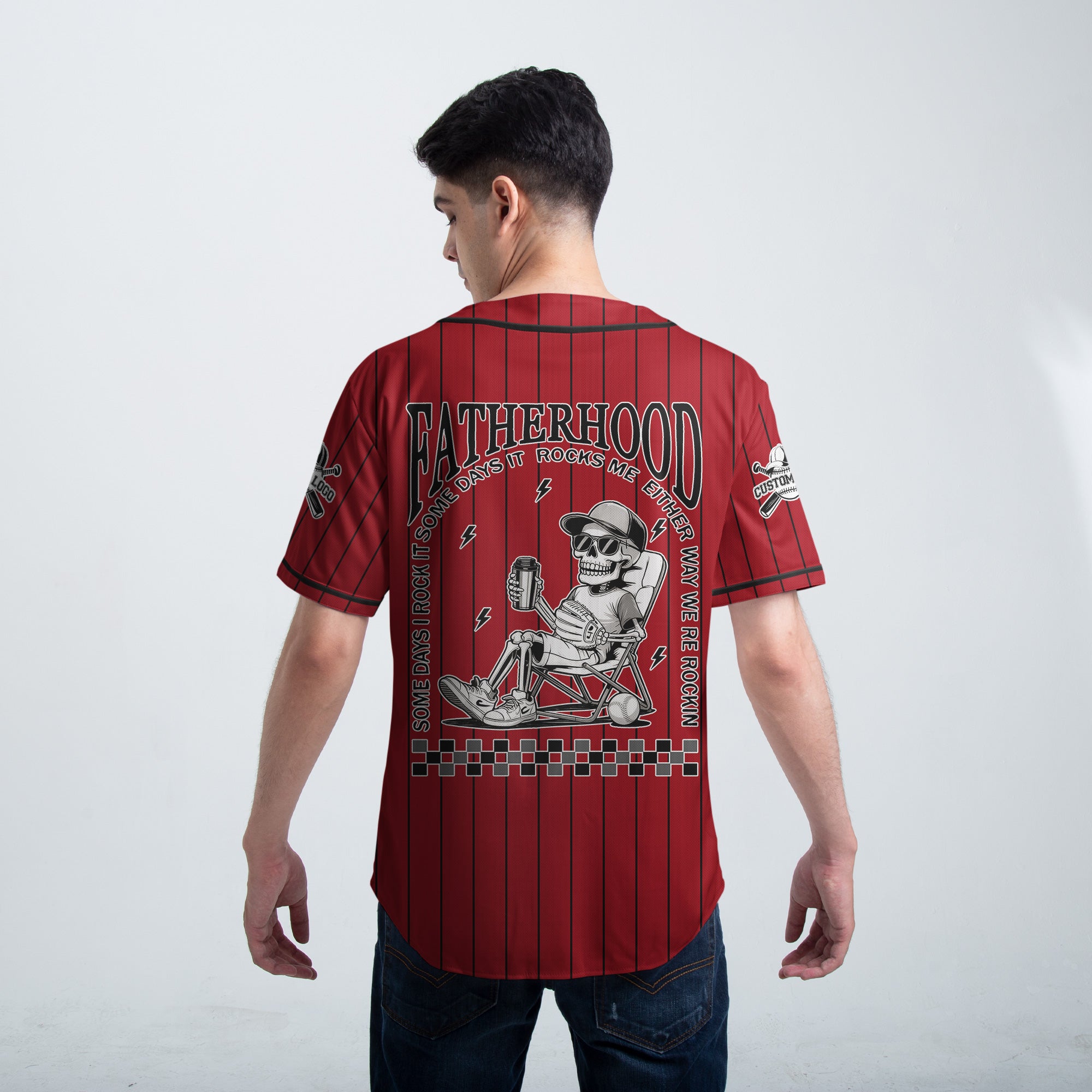 FATHERHOOD - Some Days I Rock It, Some Days It Rocks Me, Either Way We're Rockin - Custom Red Black Baseball Jersey