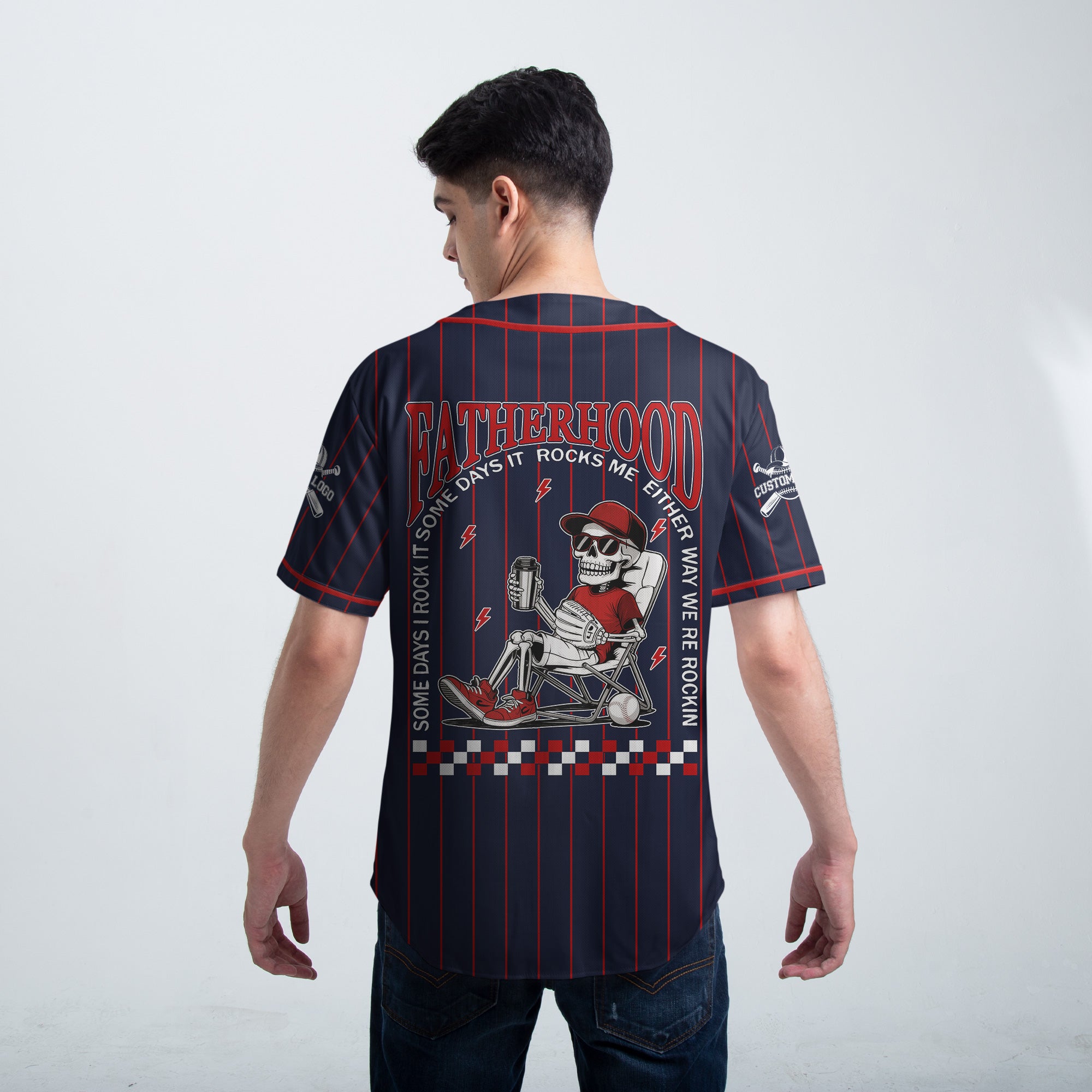 FATHERHOOD - Some Days I Rock It, Some Days It Rocks Me, Either Way We're Rockin - Custom Navy Red Baseball Jersey
