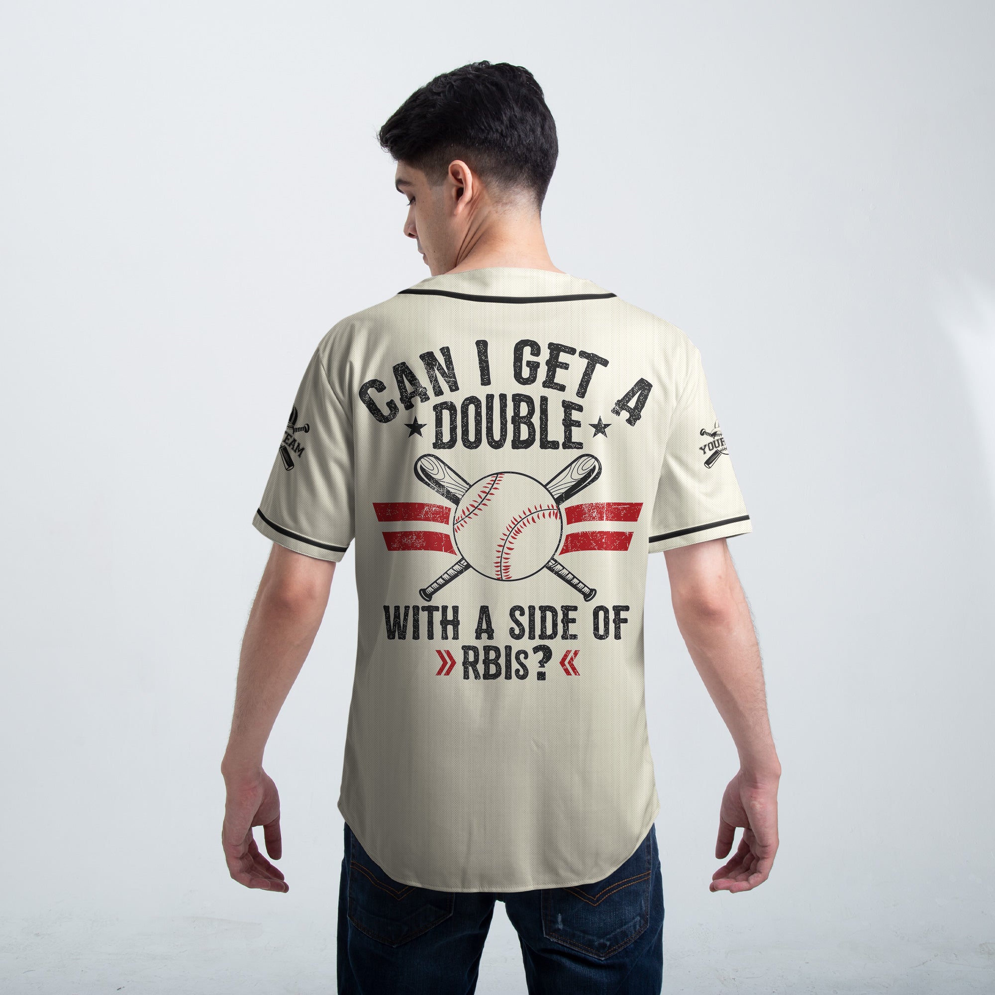 Can I Get A Double With A Side Of RBIs - Custom Cream White Baseball Jersey