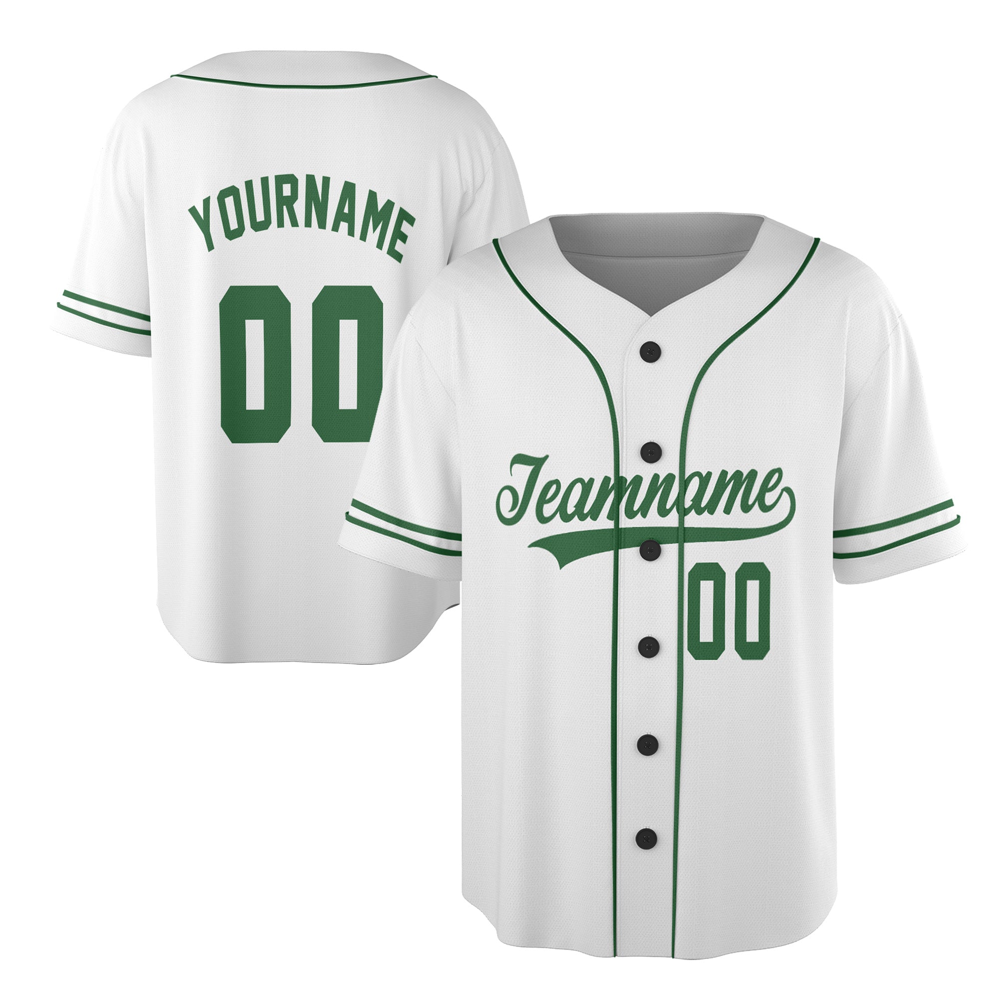 Custom White Baseball Jersey – Classic Green Trim Minimalist Edition