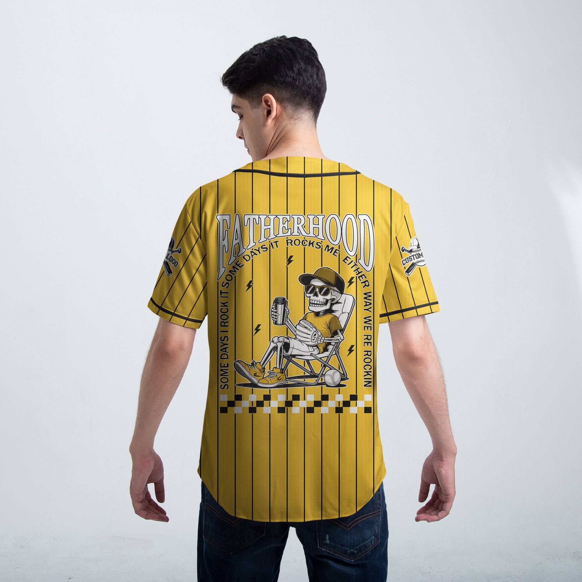 FATHERHOOD - Some Days I Rock It, Some Days It Rocks Me, Either Way We're Rockin - Custom Yellow and Black Striped Baseball Jersey