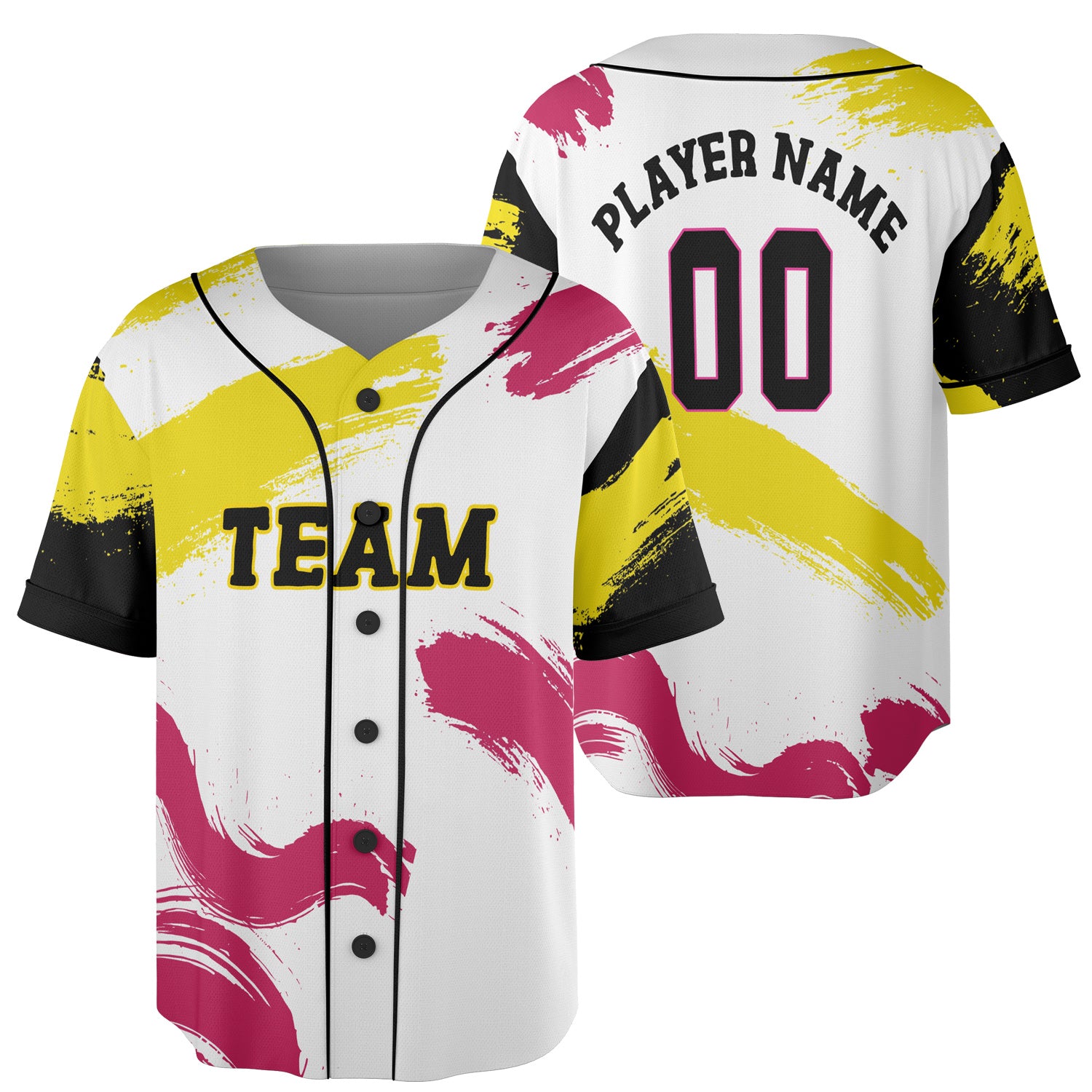 Custom White Baseball Jersey with Neon Yellow and Magenta Paint Strokes