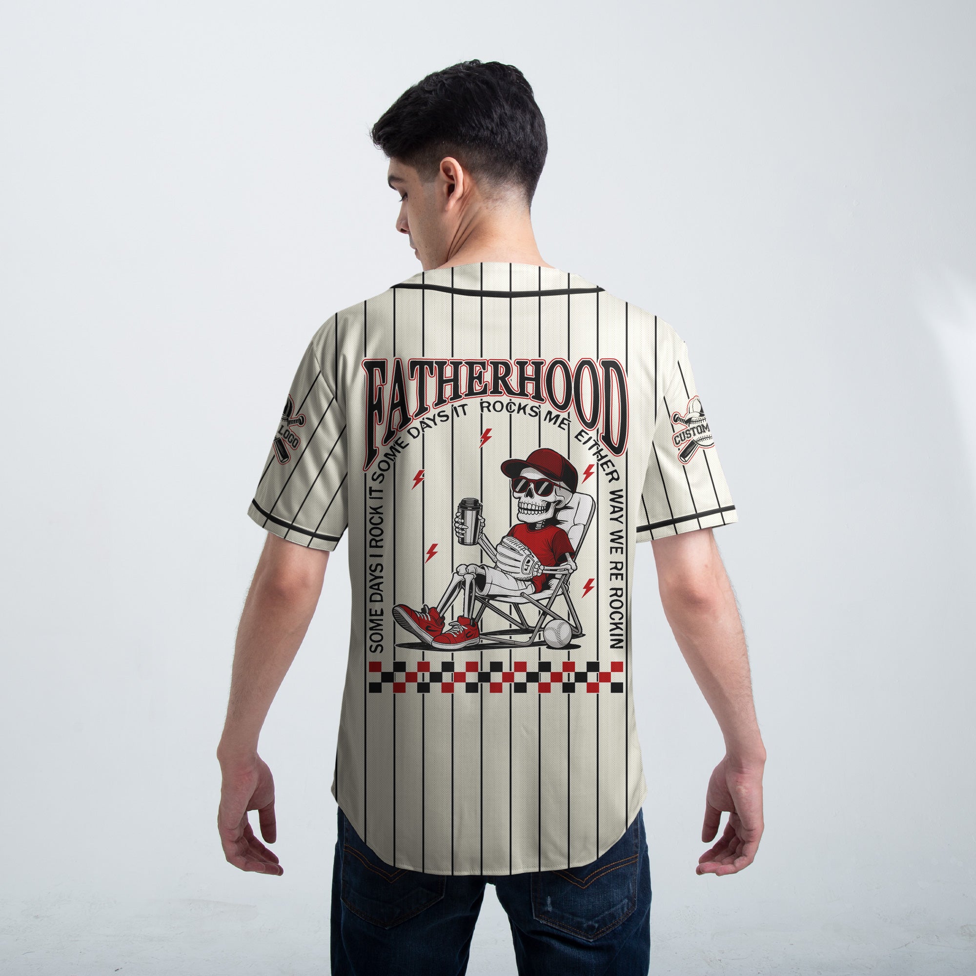 FATHERHOOD - Some Days I Rock It, Some Days It Rocks Me, Either Way We're Rockin - Custom Cream and Black Stripe Baseball Jersey