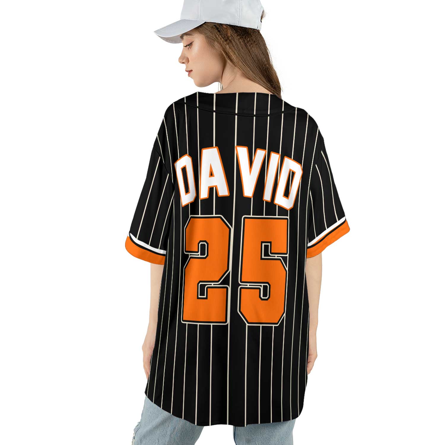 Custom Black Pinstripe Baseball Jersey – Orange Trim & Vintage Team Script