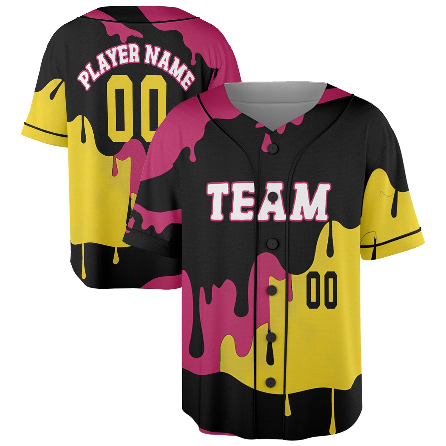 Custom Drip Art Baseball Jersey in Neon Yellow and Magenta on Black