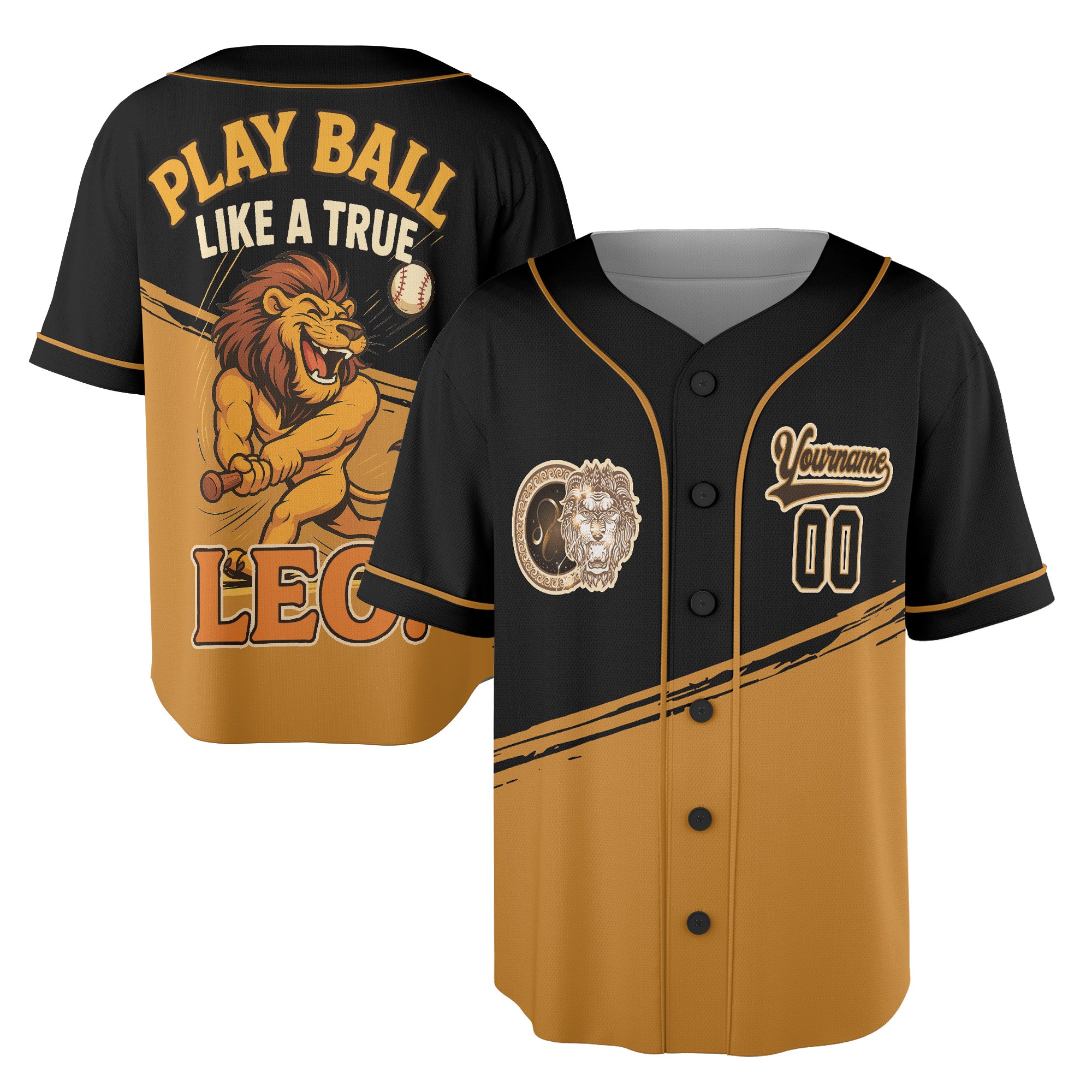 Custom Black and Gold Baseball Jersey – Leo Zodiac Lion Edition