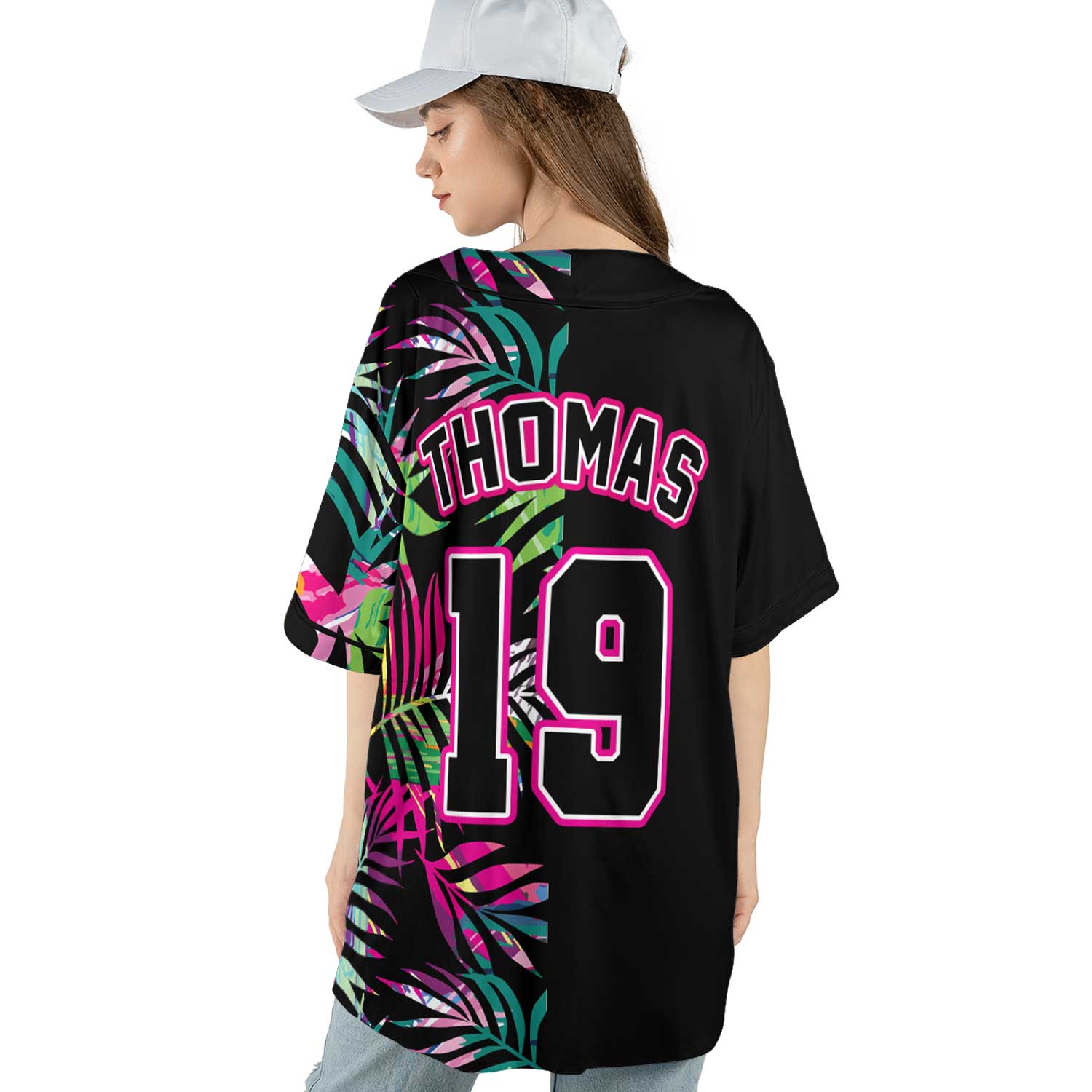Custom Tropical Neon Baseball Jersey – Urban Outlaws Black Streetwear with Palm Leaf Print