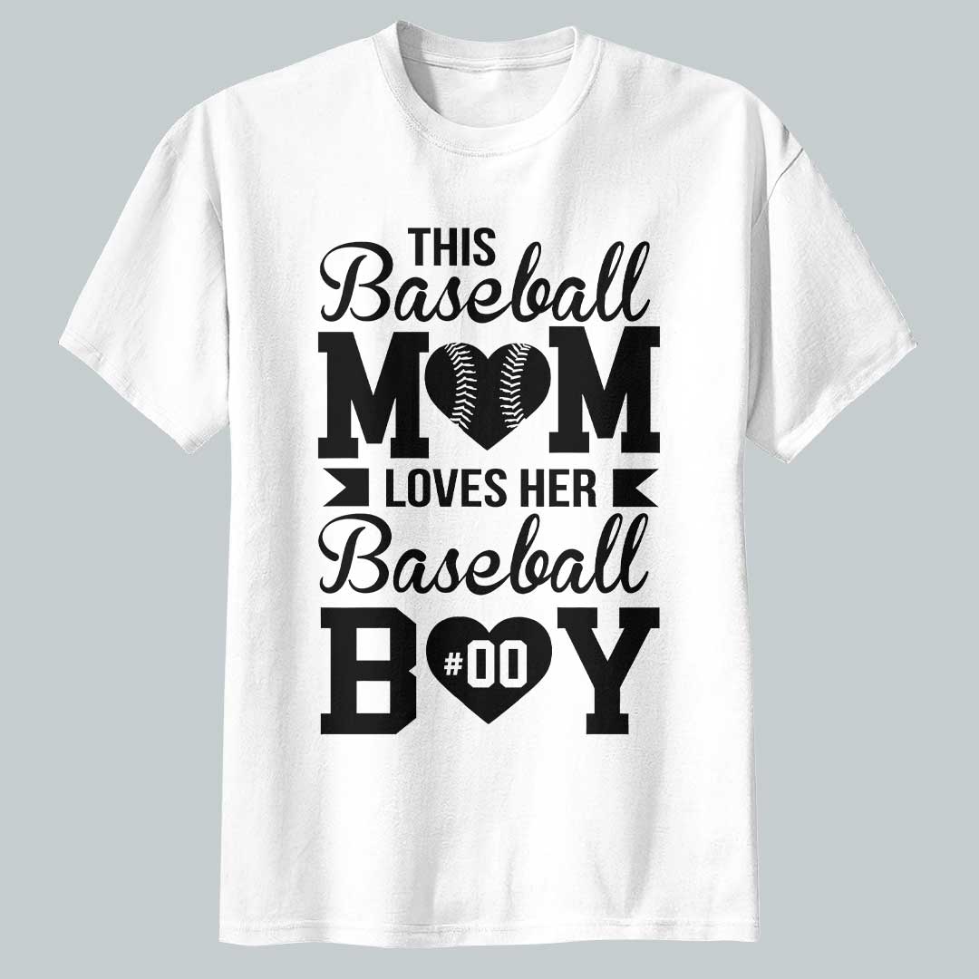 This Baseball Mom Loves Her Baseball Boy - White and Black Baseball T-Shirt