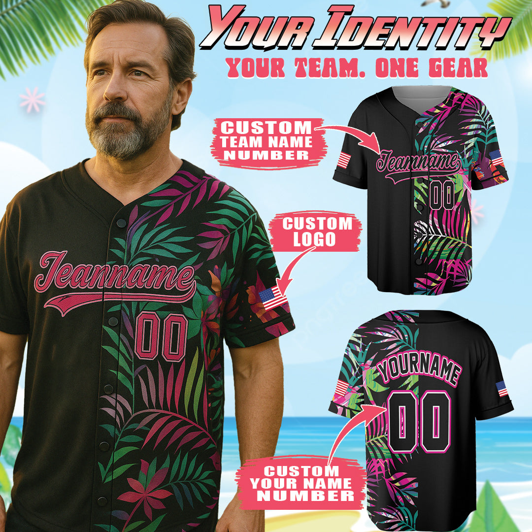 Custom Tropical Neon Baseball Jersey – Urban Outlaws Black Streetwear with Palm Leaf Print