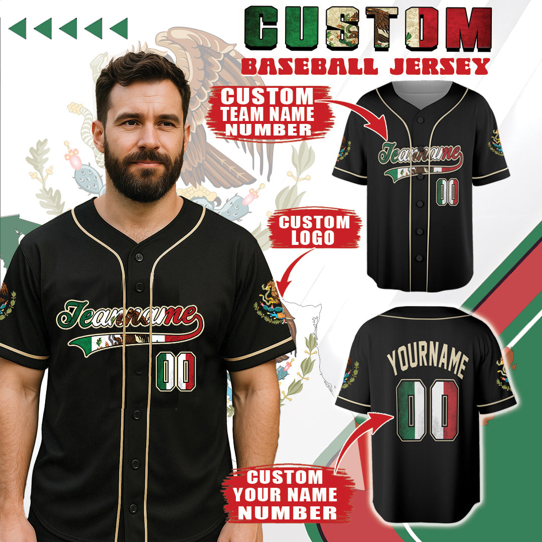 Custom Black Cream Baseball Jersey – Mexican Flag Number Detail, 3D Heritage Design