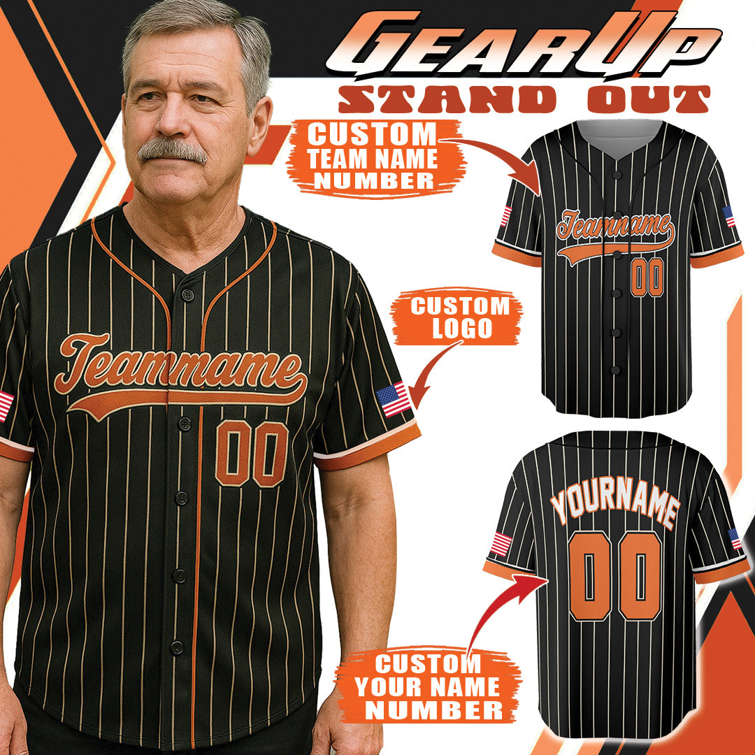 Custom Black Pinstripe Baseball Jersey – Orange Trim & Vintage Team Script