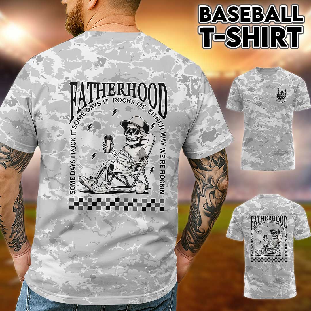 Fatherhood - Some Days I Rock It, Some Days It Rocks Me, Either Way We're Rockin All Over Print T-Shirt
