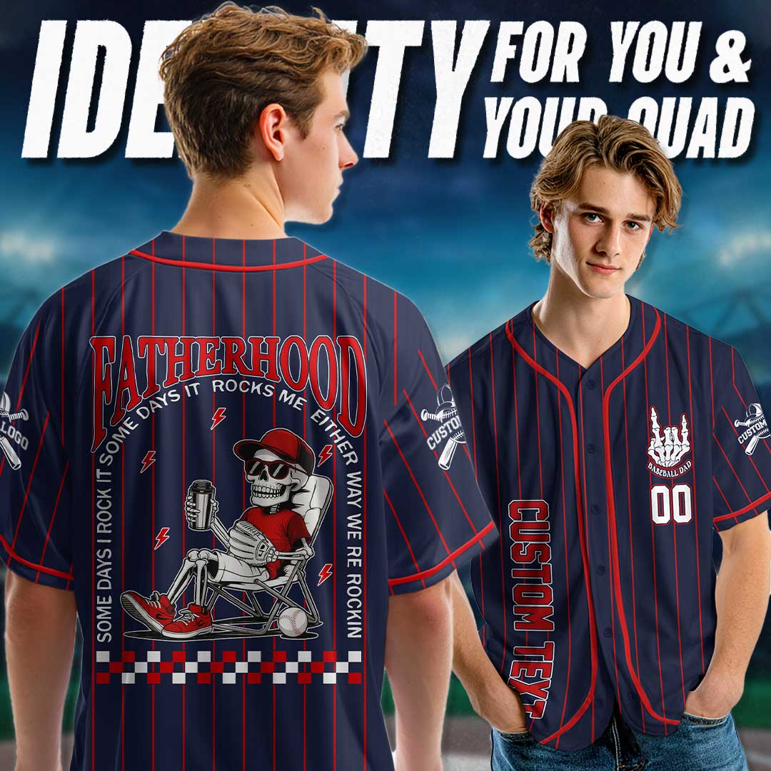 FATHERHOOD - Some Days I Rock It, Some Days It Rocks Me, Either Way We're Rockin - Custom Navy Red Baseball Jersey
