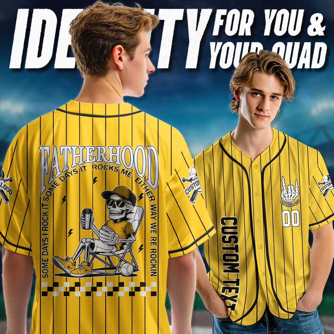 FATHERHOOD - Some Days I Rock It, Some Days It Rocks Me, Either Way We're Rockin - Custom Yellow and Black Striped Baseball Jersey
