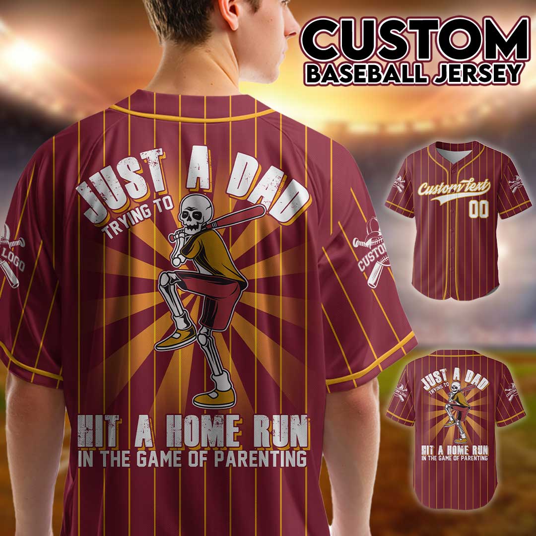 A Dad Trying To Hit A Home Run - Custom Red Gold Baseball Jersey