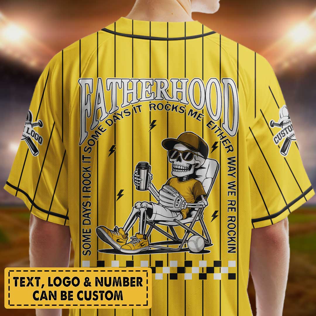 FATHERHOOD - Some Days I Rock It, Some Days It Rocks Me, Either Way We're Rockin - Custom Yellow and Black Striped Baseball Jersey