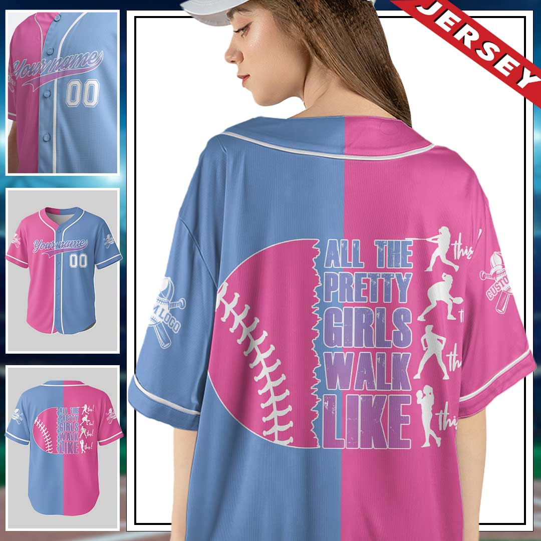 All The Pretty Girls Walk Like This - Custom Blue and Pink Baseball Jersey