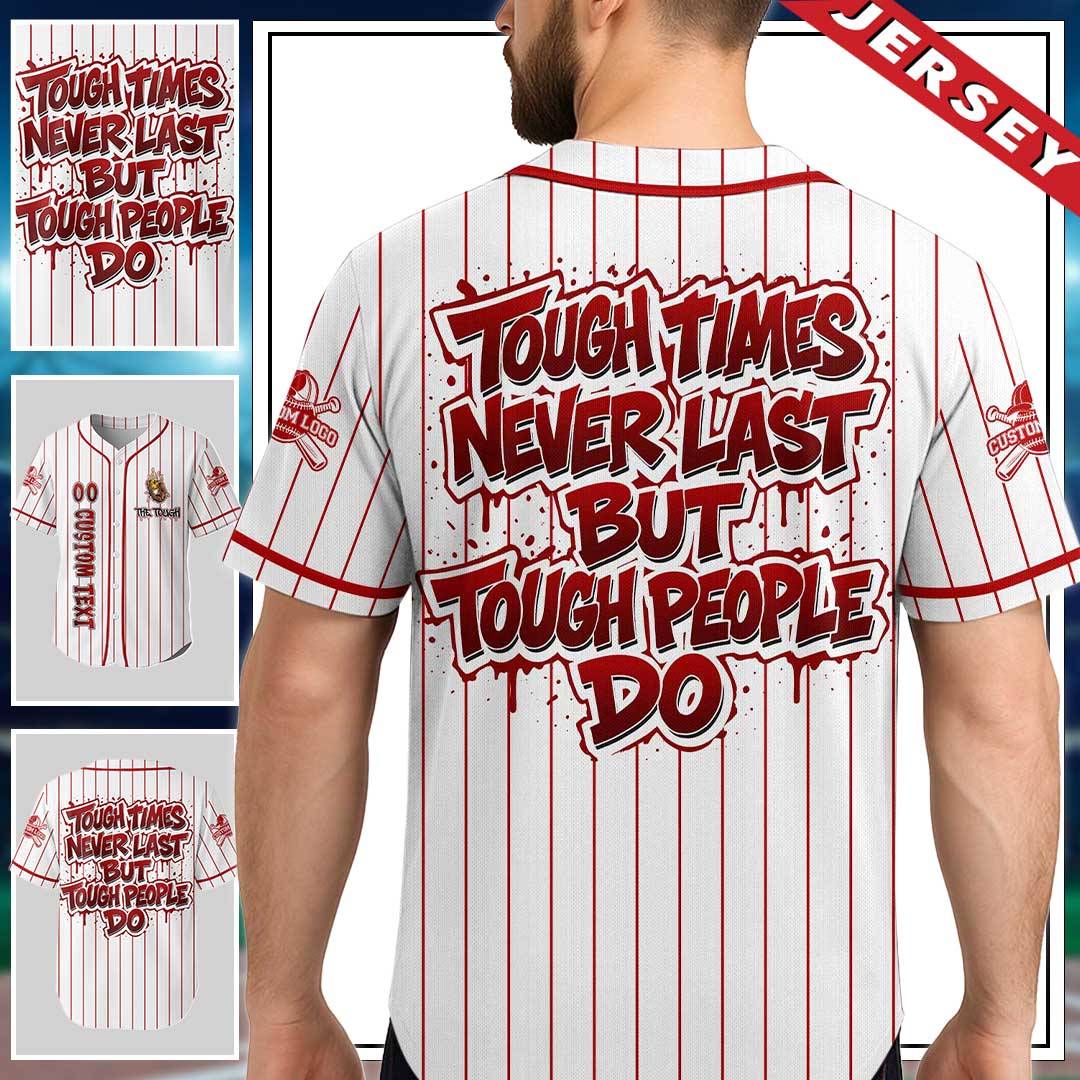 Custom Red Striped Baseball Jersey - Tough People Never Fall