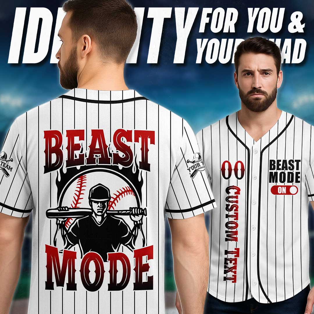 BEAST MODE - Custom White with Black Stripes Baseball Jersey