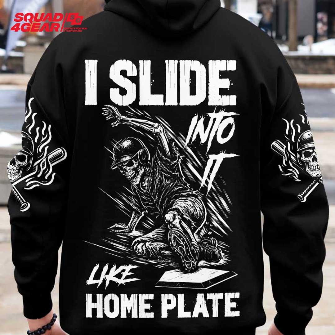I Slide Into It Like Home Plate - Custom Black Grey Skull Baseball Hoodie