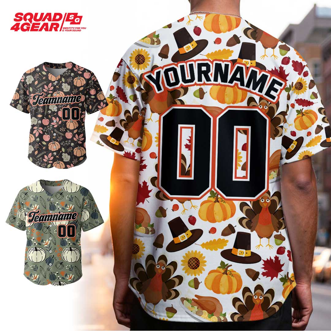 Custom Thanksgiving Baseball Jersey with Fall Season Pattern