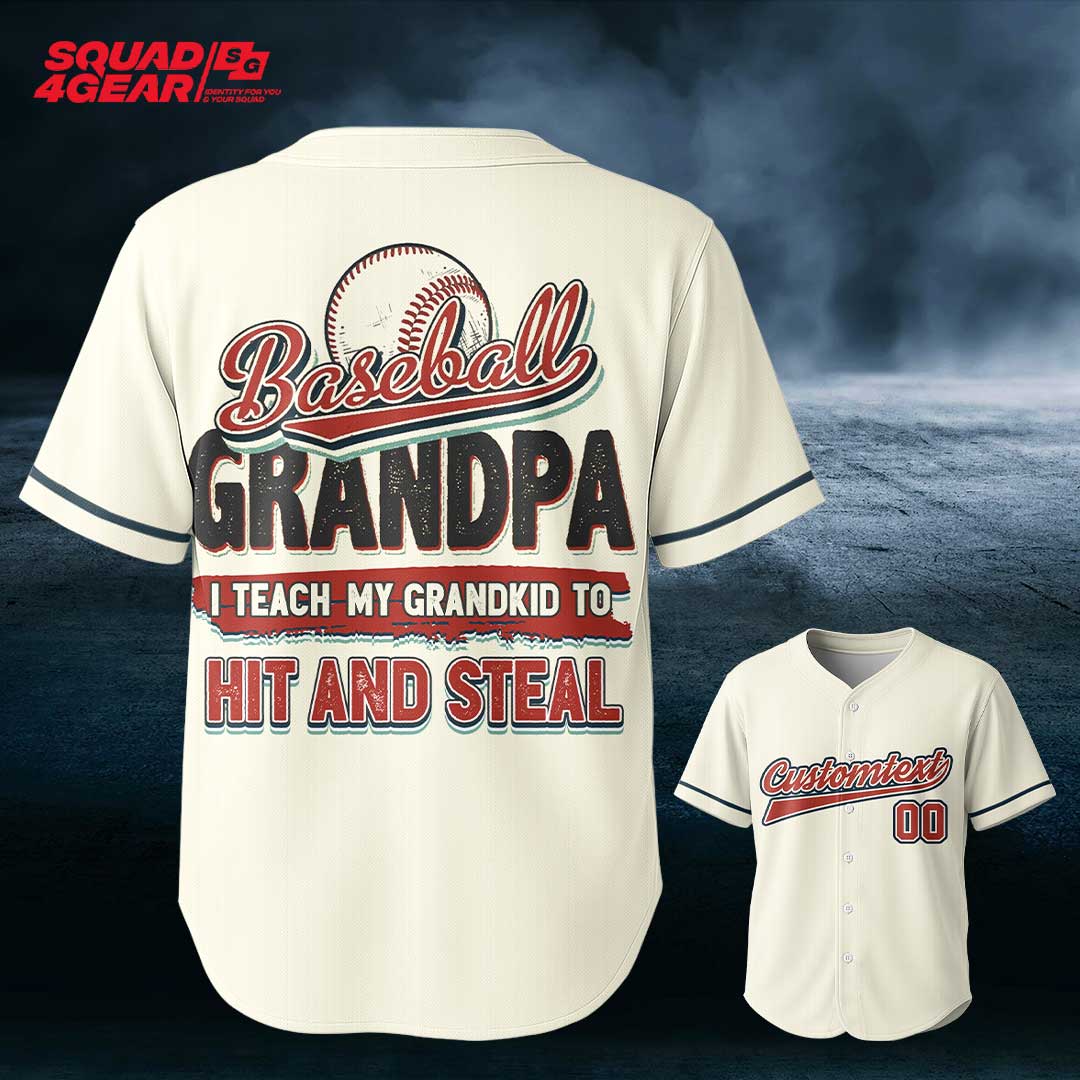 Grandpa Baseball I Teach My Grandkid To Hit And Steal - Custom Cream Baseball Jersey