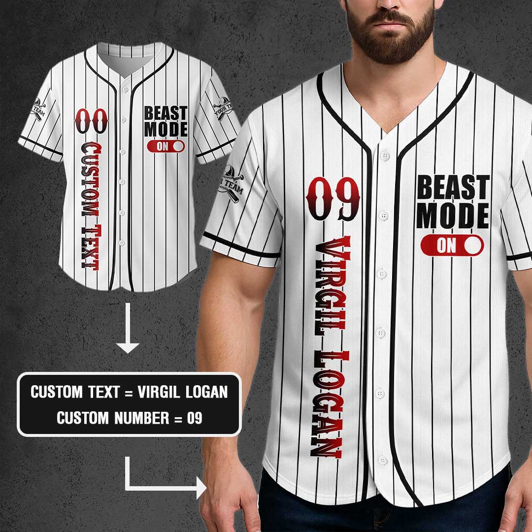 BEAST MODE - Custom White with Black Stripes Baseball Jersey