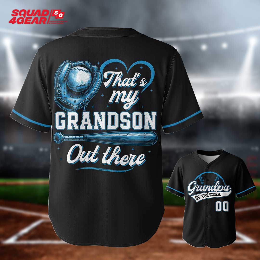 Grandpa Of The Rookie That's My Grandson Out There - Custom Black Blue Baseball Jersey