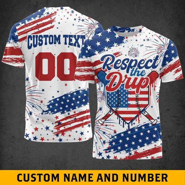 Respect The Drip Independence Day shirt, 4th of July Shirts - Custom Text, Custom Number - Baseball Shirts For Baseball Lovers