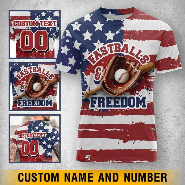 Fastballs & Freedom Baseball Shirts - American Flag -4th of July Shirt - All Over Print