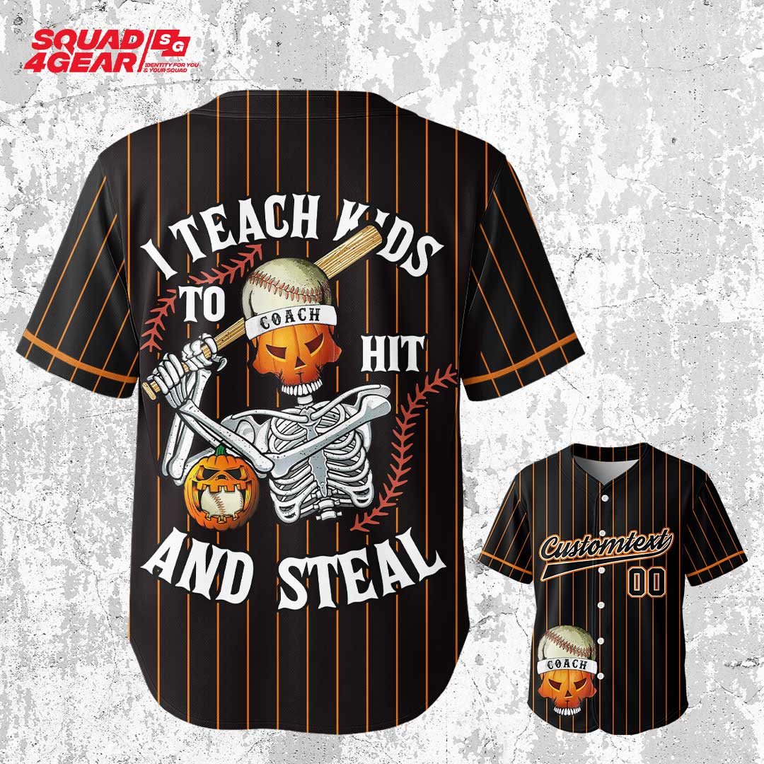 I Teach Kids To Hit And Steal - Custom Black Orange Stripe Halloween Baseball Jersey