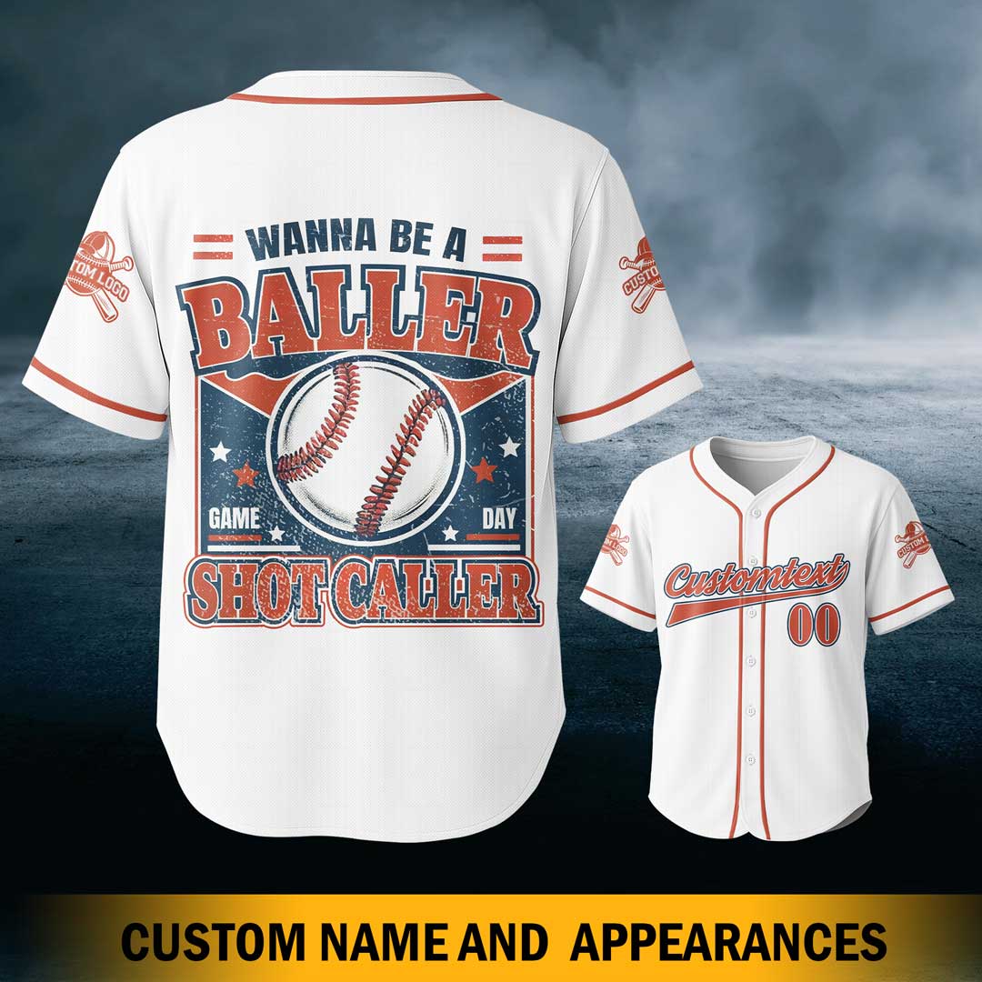 Wanna Be A Baller Shot Caller - Custom Cream Navy White Baseball Jersey