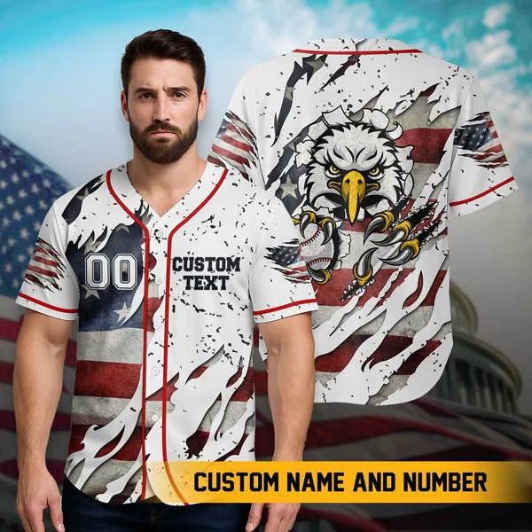 Custom Baseball Jersey Shirt, 3D Printed Eagle - 4th of July Independence Day Jersey Personalized Baseball Jerseys