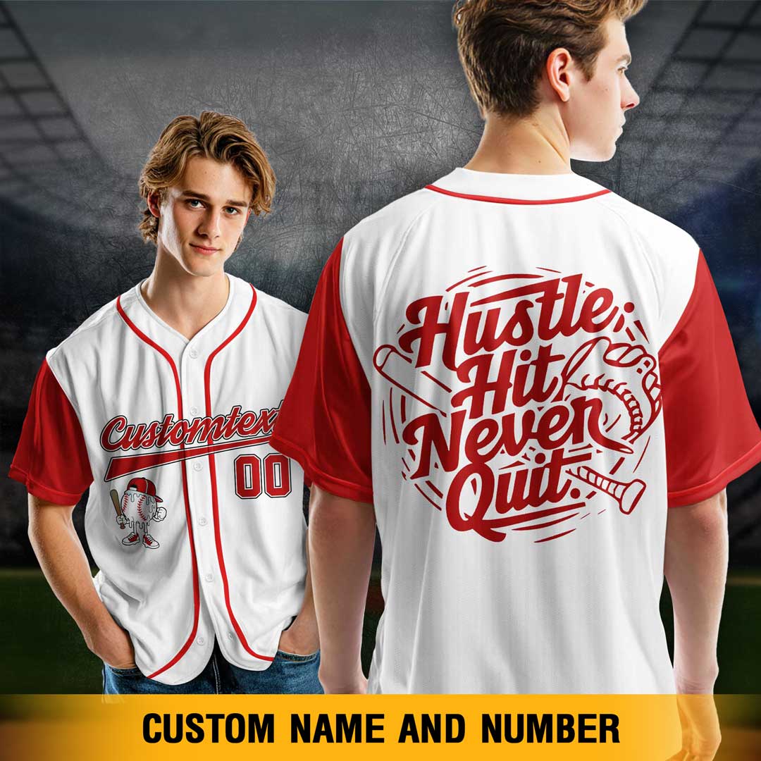 Hustle Hit Never Quit - Custom White and Red Raglan Baseball Jersey