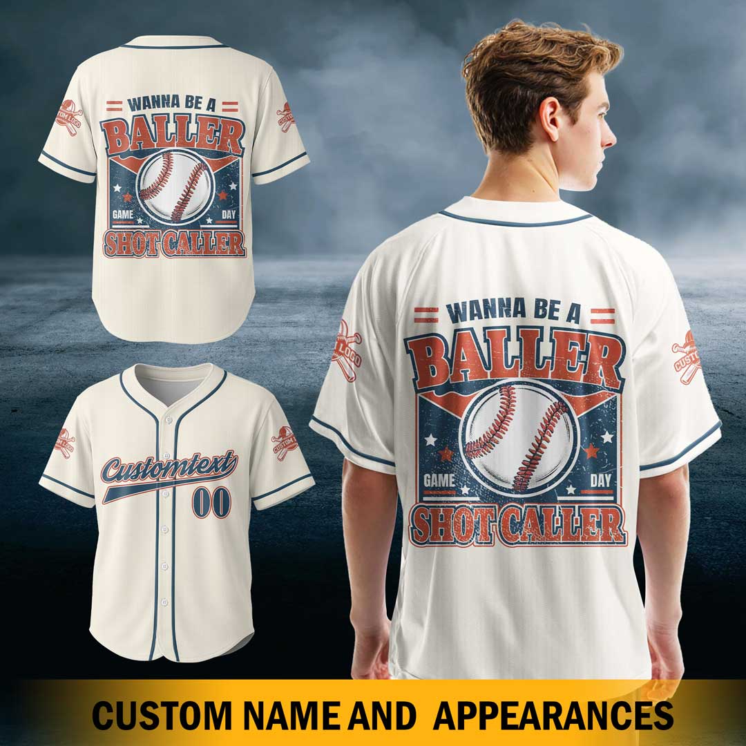 Wanna Be A Baller Shot Caller - Custom Cream Navy White Baseball Jersey