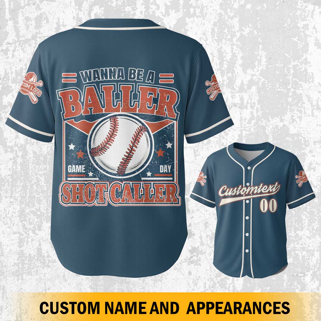 Wanna Be A Baller Shot Caller - Custom Cream Navy White Baseball Jersey
