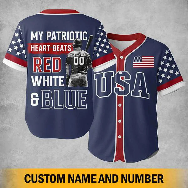 My Patriotic Heart Beats Red White & Blue - Men's American Flag Baseball Jersey 4th - Custom Name Custom Number