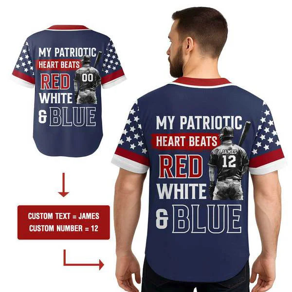 My Patriotic Heart Beats Red White & Blue - Men's American Flag Baseball Jersey 4th - Custom Name Custom Number