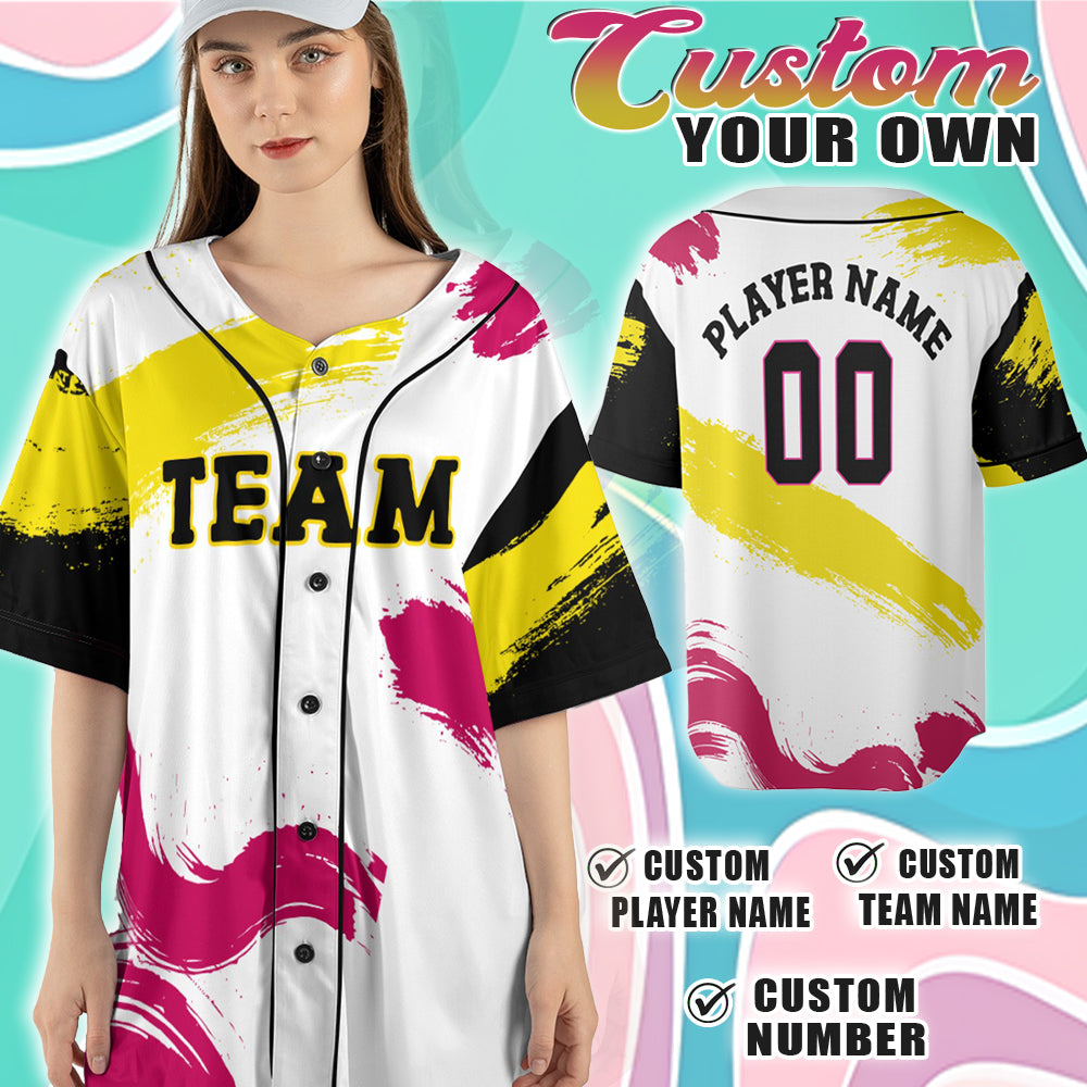 Custom White Baseball Jersey with Neon Yellow and Magenta Paint Strokes