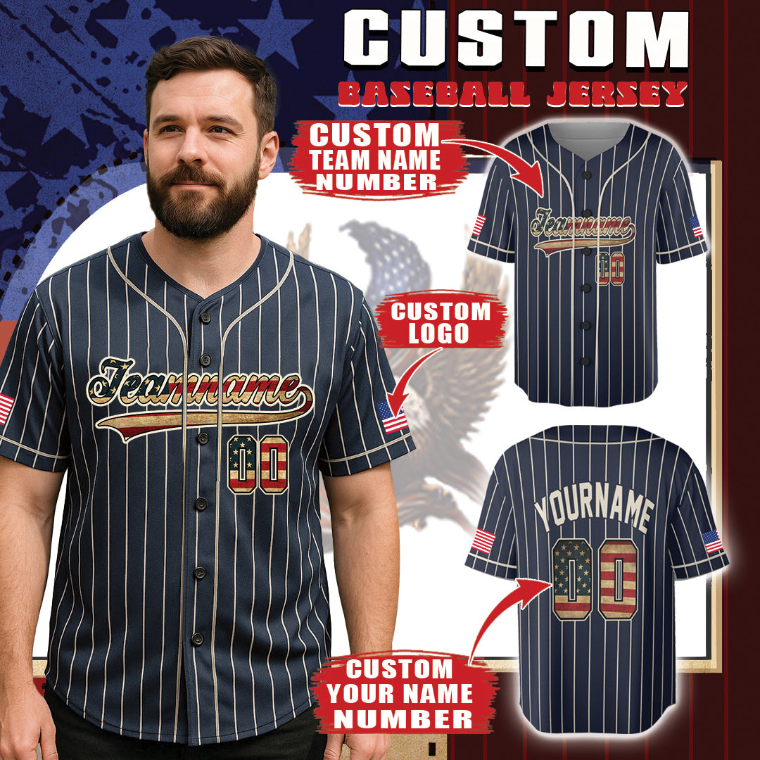 Personalized Navy Pinstripe Baseball Jersey – Vintage Style with USA Flag Number & Custom Name