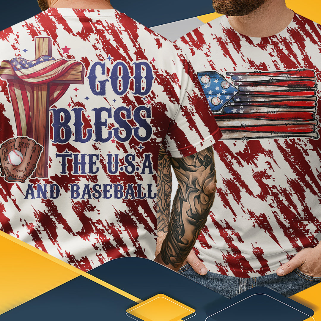 God Bless The USA and Baseball All Over Print 4th Of July T-Shirt